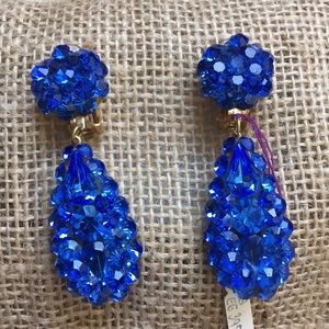 Blue rhinestone clip on drop earrings